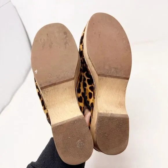 J. Crew Calf Pony Hair Cheetah Leopard Print Wooden Clogs Size 6 - Picture 9 of 9